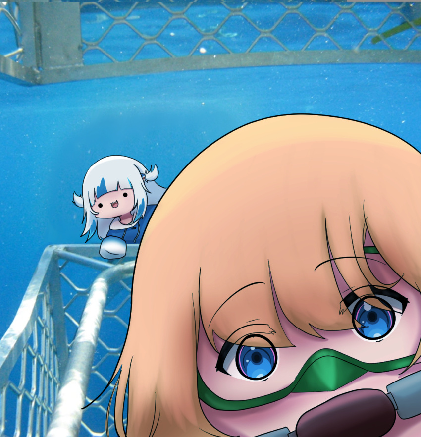 2girls blonde_hair blue_eyes blue_hair blue_hoodie blunt_bangs commentary diving_mask english_commentary gawr_gura goggles hair_ornament hololive hololive_english hood hoodie looking_at_viewer multicolored_hair multiple_girls open_mouth photo-referenced photo_background shark_cage shark_girl shark_hair_ornament sharp_teeth sidelocks sleeves_past_fingers sleeves_past_wrists smile snorkel solid_circle_eyes streaked_hair teeth torororose two_side_up underwater virtual_youtuber watson_amelia white_hair