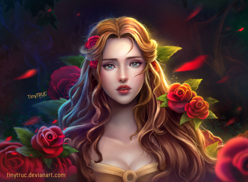 1girl absurdres artist_name beauty_and_the_beast belle_(disney) blue_eyes blurry blurry_background breasts brown_hair cleavage depth_of_field deviantart_username falling_petals flower hair_flower hair_ornament highres long_hair looking_at_viewer petals portrait red_flower red_rose rose rose_petals solo tinytruc watermark web_address