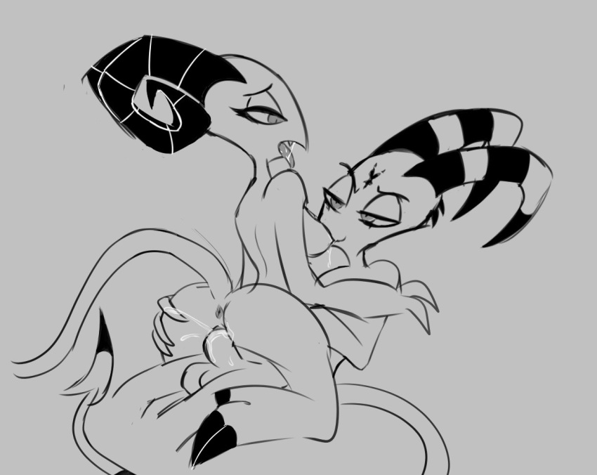 barbie_(helluva_boss) blitzo_(helluva_boss) bodily_fluids breast_play breast_suck breasts brother_(lore) brother_and_sister_(lore) cowgirl_position demon duo female from_front_position genital_fluids genitals greyscale_background helluva_boss hooves humanoid imp incest_(lore) male male/female monochrome nipple_fetish nipple_play nipple_suck on_bottom on_top pussy pussy_juice saliva sex sibling_(lore) sister_(lore) sp_almond_(artist) spade_tail sucking tail tongue tongue_out twins_(lore)