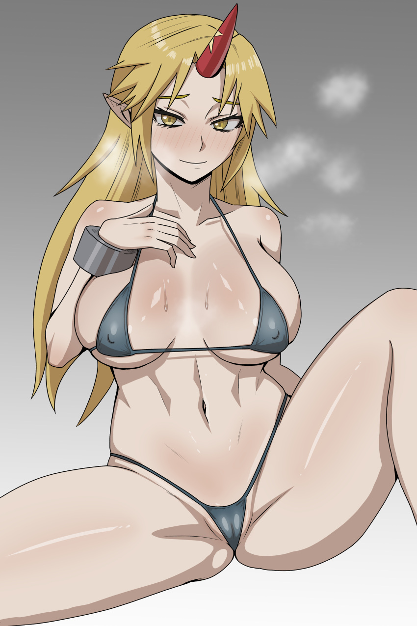 1girl absurdres bikini breasts cameltoe closed_mouth covered_nipples demon_girl demon_horns grey_background grey_bikini heavy_breathing highres horns hoshiguma_yuugi large_breasts long_hair looking_at_viewer morikawa_(morikawa-no2) navel pointy_ears single_horn smile solo spread_legs stomach string_bikini swimsuit touhou wrist_cuffs