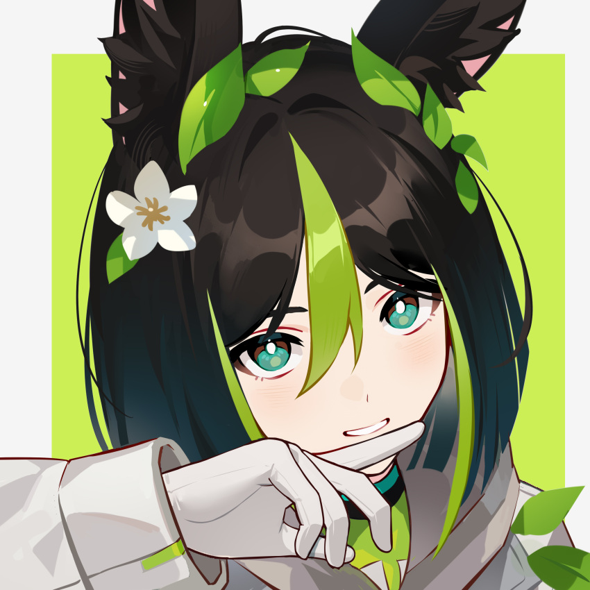 1boy absurdres animal_ears black_hair blush border coat flower fox_boy fox_ears genshin_impact gloves green_background green_eyes hair_flower hair_ornament hand_on_own_face highres leaf leaf_on_head looking_at_viewer lower_string male_focus multicolored_hair open_mouth simple_background smile solo tighnari_(genshin_impact) tighnari_(kiehls')_(genshin_impact) white_border white_coat white_flower white_gloves