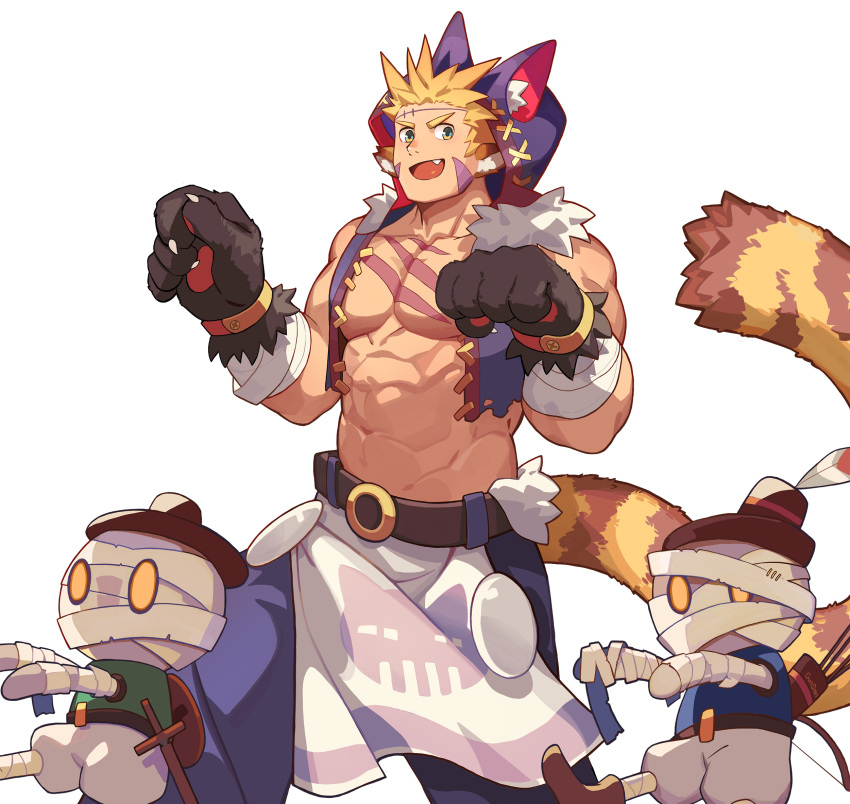 1boy :d abs animal_ear_headwear animal_ears animal_hands animal_print bandaged_arm bandages bara bare_pectorals bare_shoulders belt blonde_hair breath_of_fire breath_of_fire_iv cat_print character_request cray_(breath_of_fire) creature cropped_jacket fang feet_out_of_frame fur-trimmed_jacket fur_trim gradient_fur gundan halloween_costume highres jacket large_hands large_pectorals looking_at_viewer male_focus muscular muscular_male navel navel_hair nipples paw_pose pectorals pelvic_curtain short_hair sideburns smile solo_focus standing stomach tail thick_eyebrows tiger_boy tiger_ears tiger_stripes tiger_tail v-shaped_eyebrows