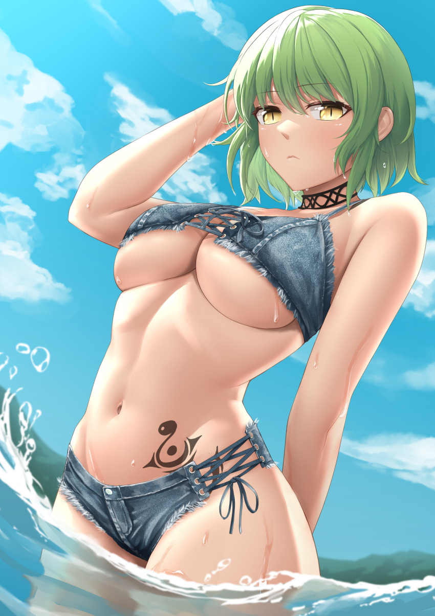 1girl absurdres bikini blue_sky breasts choker day denim_bikini green_eyes hand_in_own_hair highres hikage_(senran_kagura) large_breasts looking_at_viewer medium_hair navel senran_kagura sky slit_pupils stomach swimsuit tattoo underboob wading yellow_eyes zib_(boriku)