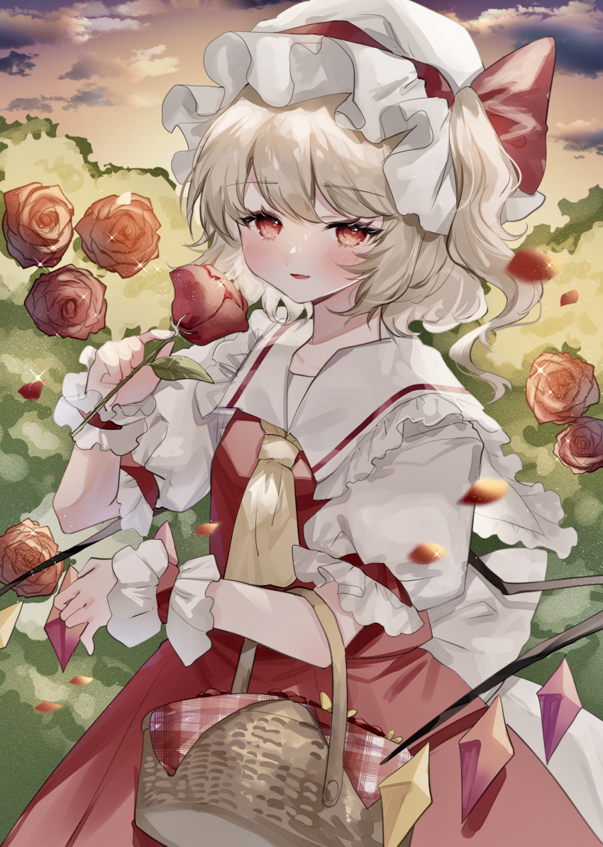 1girl absurdres ascot basket cloud cowboy_shot crystal flandre_scarlet flower hand_up hat hat_ribbon highres holding holding_flower long_hair looking_at_viewer mob_cap one_side_up open_mouth outdoors petals puffy_short_sleeves puffy_sleeves red_eyes red_flower red_ribbon red_rose red_skirt red_vest ribbon rose shirt short_sleeves skirt smile solo sorani_(kaeru0768) touhou vest white_headwear white_shirt wings wrist_cuffs yellow_ascot