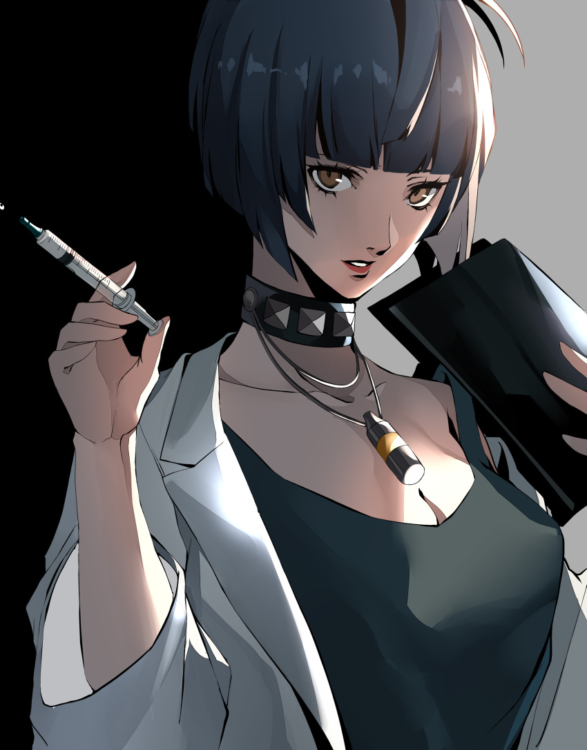 1girl absurdres black_choker black_dress black_hair bob_cut breasts brown_eyes choker cleavage clipboard coat collarbone dress highres holding holding_clipboard holding_syringe lab_coat lips looking_at_viewer medium_breasts open_clothes open_coat parted_lips persona persona_5 pertex_777 red_lips short_hair solo studded_choker syringe takemi_tae white_coat