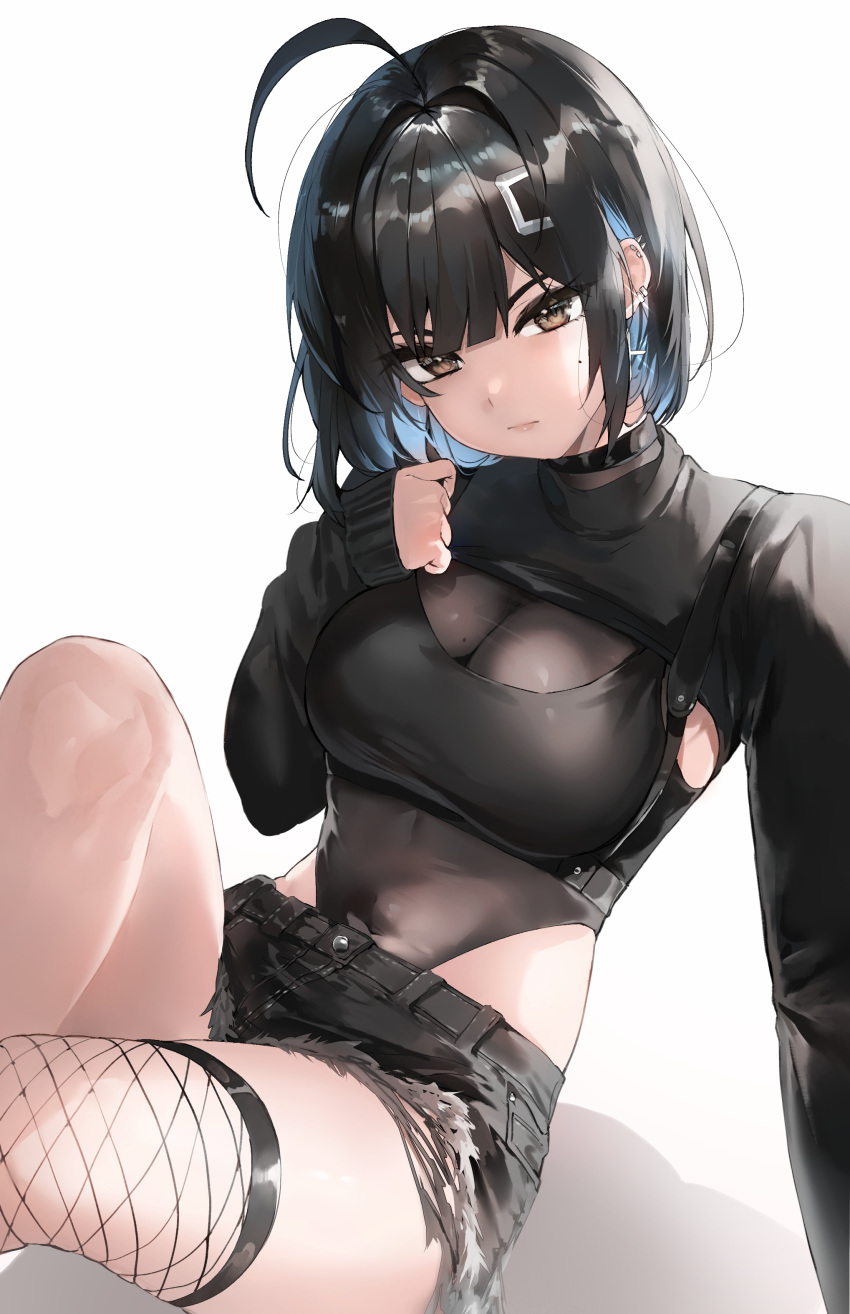 1girl absurdres ahoge black_choker black_hair blue_hair breasts brown_eyes choker colored_inner_hair cross cross_earrings cutoffs ear_piercing earrings fishnet_thighhighs fishnets highleg highleg_leotard highres irene_(kanniiepan) jewelry kanniiepan leotard looking_at_viewer medium_breasts mole mole_on_cheek multicolored_hair original piercing see-through_cleavage short_shorts shorts shrug_(clothing) single_thighhigh sitting solo thighhighs two-tone_hair