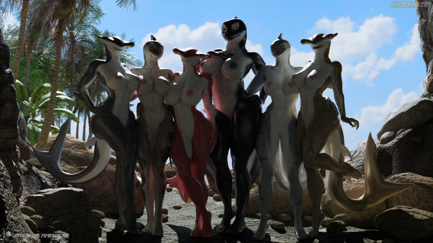 3d_(artwork) absurd_res anthro barely_visible_genitalia barely_visible_pussy big_breasts biped breasts digital_media_(artwork) female fish genitals ground_shark group hammerhead_shark hand_on_hip hi_res looking_at_viewer marine nipples nude palm_tree plant pussy shark standing tree yamimarik1994