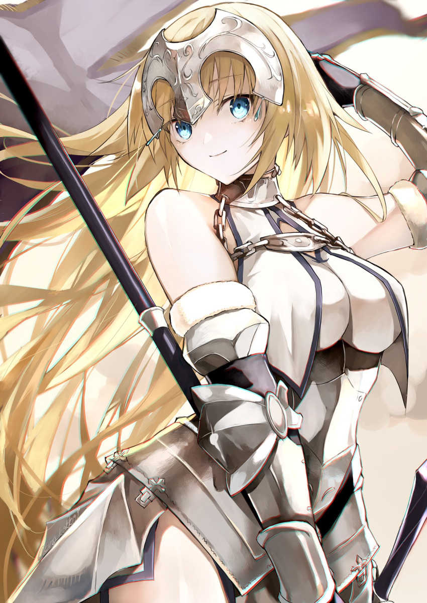 1girl armor armored_dress blonde_hair blue_eyes breast_curtains breasts chain collar commentary dress fate/apocrypha fate/grand_order fate_(series) faulds flag gauntlets headpiece highres jeanne_d'arc_(fate) jeanne_d'arc_(ruler)_(fate) jeanne_d'arc_(third_ascension)_(fate) kino_kokko large_breasts long_hair looking_at_viewer metal_collar plackart polearm smile solo sword very_long_hair weapon white_dress