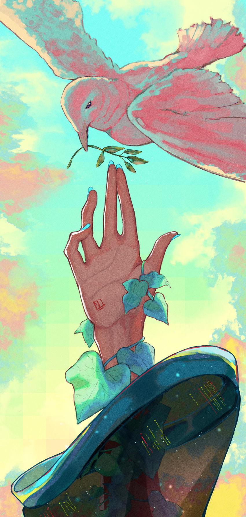 1girl absurdres aqua_nails aqua_theme beak_hold bird black_sleeves cloud cloudy_sky commentary_request day fingernails glitter green_sky green_theme hand_focus hand_tattoo hand_up hatsune_miku highres kobacha_(ochakoba) leaf light_particles limited_palette mouth_hold number_tattoo out_of_frame outdoors plant red_clouds see-through see-through_sleeves sky solo tattoo vines vocaloid white_bird wide_sleeves yellow_clouds