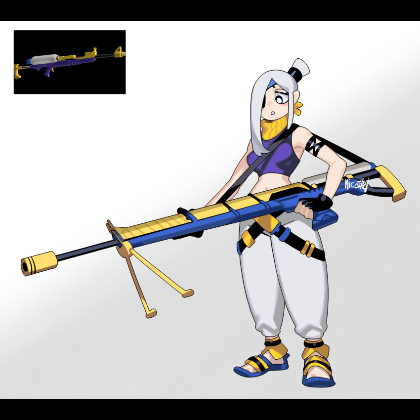 1girl breasts crop_top fingerless_gloves full_body gloves grey_hair gun highres holding holding_weapon medium_breasts pants parted_lips personification reference_inset sandals sido_(slipknot) signature simple_background sleeveless solo splat_charger_(splatoon) splatoon_(series) standing strap weapon white_pants