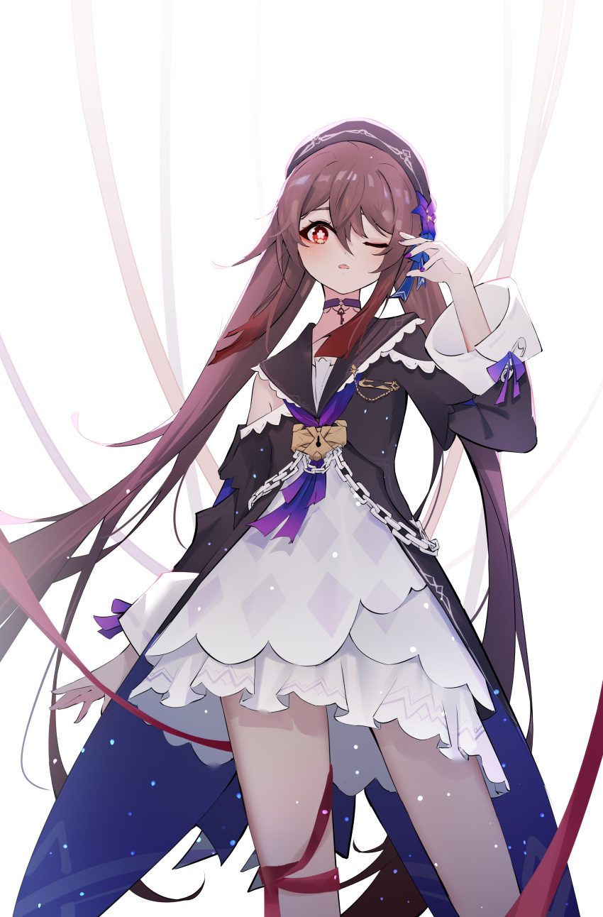 1girl absurdres black_choker black_coat brown_hair chain choker coat commentary cosplay dress flower-shaped_pupils genshin_impact hair_between_eyes herta_(honkai:_star_rail) herta_(honkai:_star_rail)_(cosplay) highres homu_(honkai_impact) hu_tao_(genshin_impact) long_hair long_sleeves looking_at_viewer one_eye_closed open_mouth qixia red_eyes solo symbol-shaped_pupils twintails very_long_hair white_dress wide_sleeves