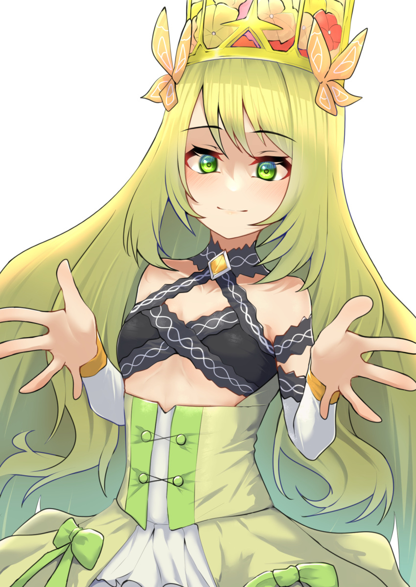 1girl bare_shoulders blonde_hair bow breasts celine_(fire_emblem) commentary_request crown detached_sleeves dress fire_emblem fire_emblem_engage green_bow green_dress green_eyes highres long_hair long_sleeves looking_at_viewer shutchi simple_background small_breasts smile solo upper_body very_long_hair white_background