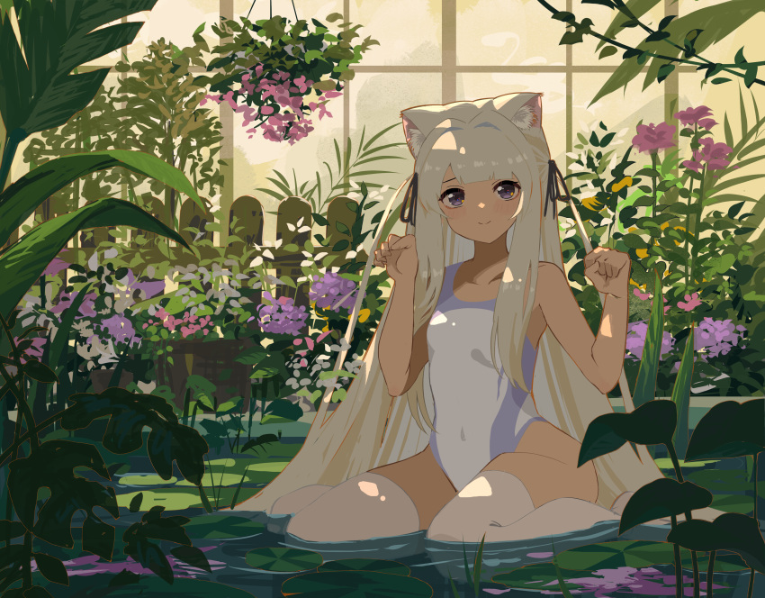 1girl absurdres animal_ear_fluff animal_ears bare_legs blonde_hair cat_ears cat_girl closed_mouth fence flower hair_intakes hanging_plant highres hydrangea indoors kgt_(pixiv12957613) lily_pad long_hair looking_at_viewer one-piece_swimsuit original partially_submerged paw_pose pink_flower plant purple_eyes purple_flower seiza sidelocks sitting smile solo swimsuit vegetation water white_one-piece_swimsuit window