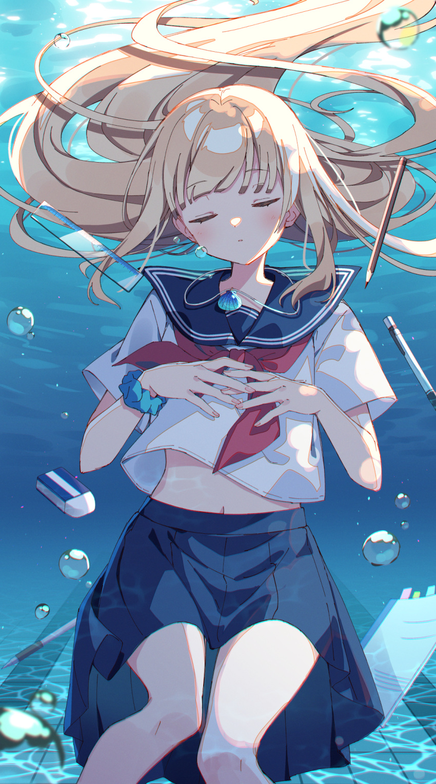 1girl bare_legs blonde_hair blue_sailor_collar blue_skirt blunt_bangs blush bubble closed_eyes closed_mouth commentary_request cowboy_shot eraser facing_viewer highres jewelry long_hair long_skirt midriff navel neckerchief necklace notebook original oyster_necklace pen pencil pleated_skirt red_neckerchief ruler sailor_collar school_uniform scrunchie serafuku shirt short_sleeves skirt solo stomach submerged tiles underwater white_shirt wrist_scrunchie zoirun