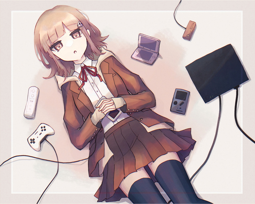 1girl :o black_thighhighs blunt_bangs brown_eyes brown_hair brown_jacket brown_skirt collared_shirt commentary controller danganronpa_(series) danganronpa_3_(anime) dress_shirt from_above galaga game_boy game_boy_(original) game_console game_controller glasses hair_ornament handheld_game_console highres hope's_peak_academy_school_uniform inase_(inasenanaki) jacket long_sleeves looking_at_viewer lying md5_mismatch medium_hair miniskirt nanami_chiaki neck_ribbon nintendo_ds on_back open_clothes open_mouth own_hands_together pleated_skirt red_ribbon resolution_mismatch ribbon school_uniform shirt simple_background skirt solo source_larger spaceship_hair_ornament thighhighs white_shirt wii_remote zettai_ryouiki