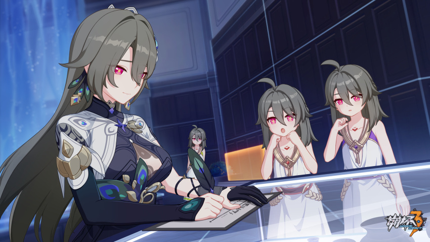 4girls :o ahoge blue_sleeves breasts child chinese_commentary closed_mouth dress earrings gloves hair_between_eyes highres honkai_(series) honkai_impact_3rd indoors jewelry logo long_hair looking_at_object looking_down medium_breasts multiple_girls official_art official_wallpaper open_mouth paper quill red_eyes short_hair single_glove sitting small_breasts spoilers standing upper_body vita_(honkai_impact) vita_(young)_(honkai_impact) white_dress writing yellow_pupils