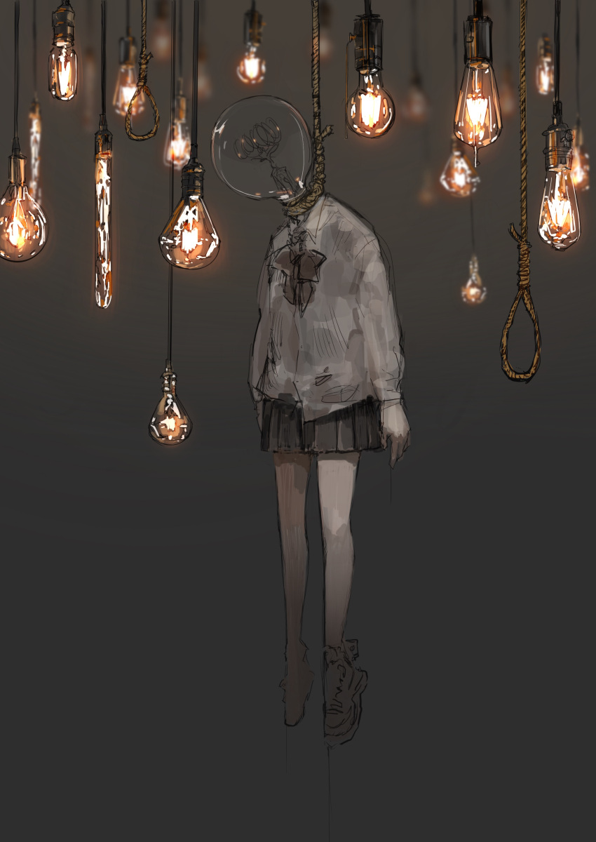 1girl absurdres black_skirt collared_shirt death full_body hanged highres light_bulb nira_(nira_box) noose object_head original pleated_skirt shirt skirt solo suicide white_shirt