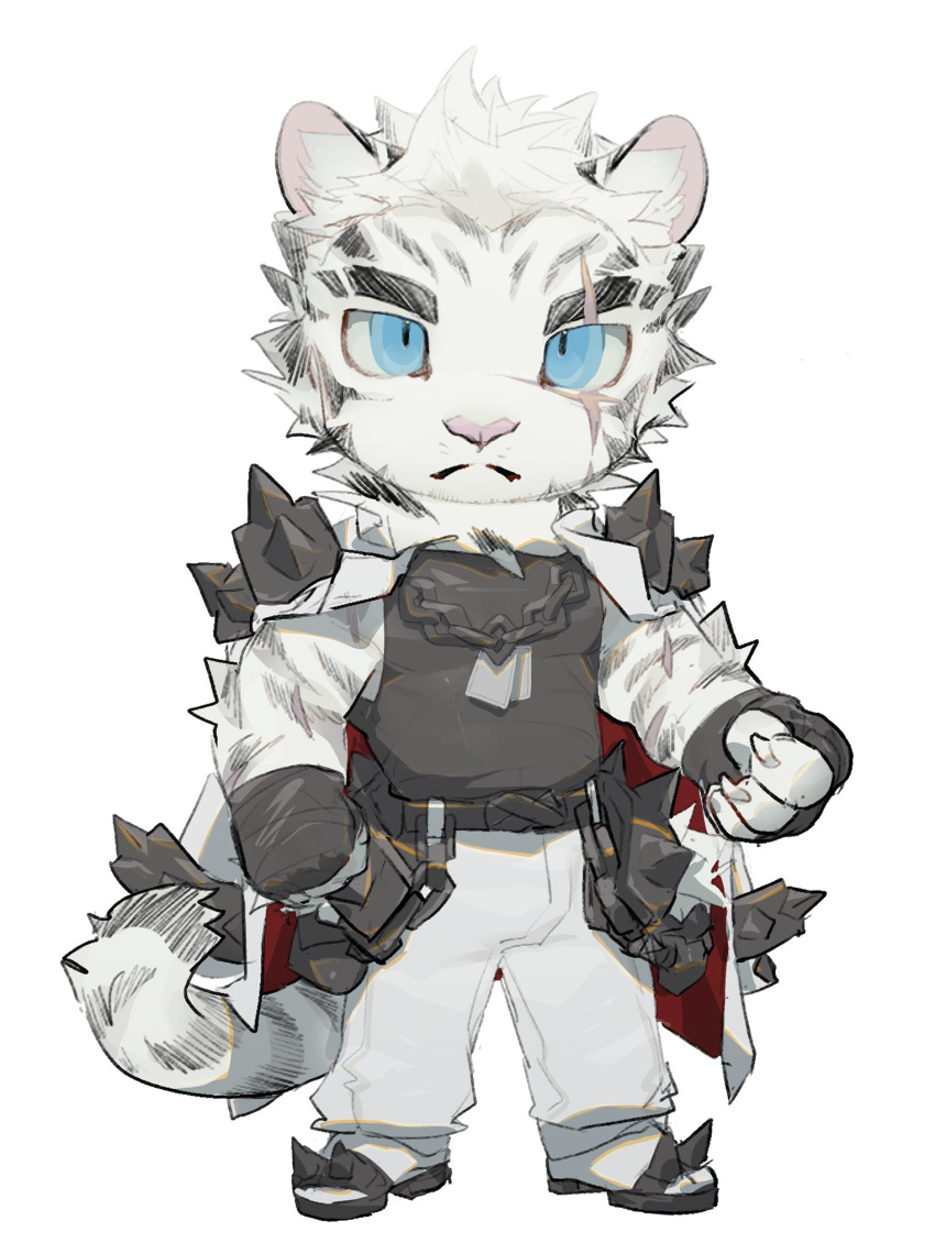 arknights blue_eyes chibi furry furry_male highres looking_at_viewer loss_kim male_focus mountain_(arknights) multiple_scars pants scar scar_across_eye scar_on_arm shirt sleeveless sleeveless_shirt solo striped tail tiger_boy tiger_tail white_background white_fur white_pants