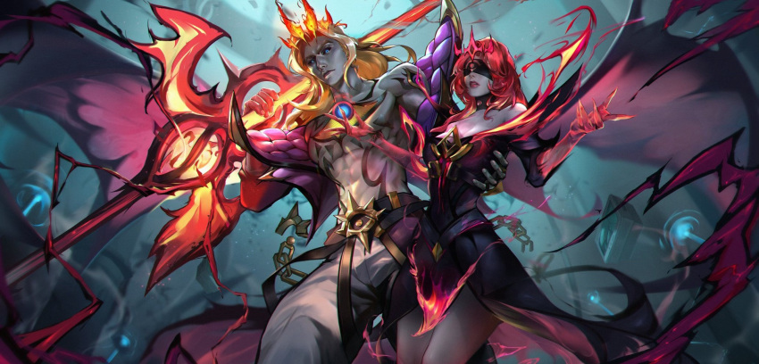 1boy 1girl abs amekoi bare_shoulders belt black_blindfold black_dress black_sclera blindfold blonde_hair breasts brown_belt chain chest_tattoo collarbone colored_sclera colored_skin crown dress green_eyes grey_background grey_pants grey_skin highres holding holding_weapon isolde_(league_of_legends) jacket large_breasts league_of_legends long_hair long_sleeves male_focus off_shoulder official_alternate_costume open_clothes open_jacket pants pink_jacket red_hair red_skin smile soul_fighter_viego tattoo third_eye_on_chest viego_(league_of_legends) weapon