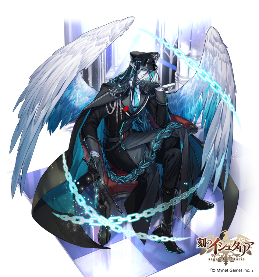 1boy age_of_ishtaria aiguillette angel_wings aqua_eyes aqua_hair aqua_necktie armchair belt belt_buckle black_belt black_cape black_coat black_footwear black_gloves black_hair black_headwear black_pants blue_wings boots braid buckle buttoned_cuffs cape chain chair checkered_floor closed_mouth coat collared_shirt colored_skin copyright copyright_name crossed_legs facial_mark feathered_wings full_body gloves grey_skin hair_between_eyes hand_to_own_mouth hat highres holding holding_riding_crop lapels light_particles long_coat long_hair long_sleeves looking_at_viewer low-braided_long_hair male_focus multicolored_hair multicolored_wings necktie notched_lapels official_art pants peaked_cap pillar pointy_ears riding_crop sandalphon_(age_of_ishtaria) shirt sila_(carpen) single_braid sitting sleeve_cuffs smile solo streaked_hair tassel tie_clip very_long_hair white_background white_shirt white_wings wings