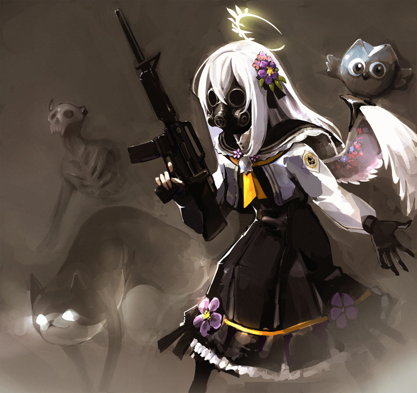 1girl assault_rifle azusa_(blue_archive) bird black_dress black_gloves blue_archive cat creature dress feet_out_of_frame flower gas_mask gloves glowing glowing_eyes gun hair_flower hair_ornament halo highres holding holding_gun holding_weapon jacket long_hair long_sleeves m4_carbine mask neckerchief rifle solo standing syk weapon white_hair white_jacket wings yellow_neckerchief