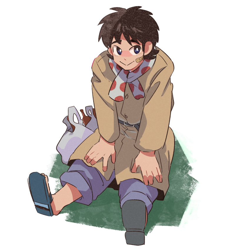 1boy :&gt; absurdres atsuize_pen-chan bag bandaid bandaid_on_cheek bandaid_on_face black_eyes black_hair bright_pupils brown_coat closed_mouth coat commentary_request full_body grey_footwear grey_pants hands_on_own_knees highres inudori long_sleeves looking_at_viewer male_focus medium_bangs neckerchief pants plastic_bag polka_dot_neckerchief sandals short_hair sitting smile solo watanabe_yuuichi white_background white_neckerchief white_pupils