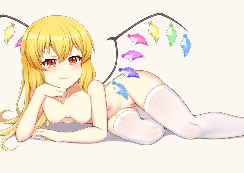 1girl akasaka_sato blonde_hair blush breasts cleft_of_venus closed_mouth collarbone commentary_request crystal elbow_rest fang fang_out flandre_scarlet foot_out_of_frame hair_between_eyes head_rest heart heart_in_eye highres long_hair looking_at_viewer lying navel nipples nude on_side pussy red_eyes simple_background slit_pupils small_breasts smile solo symbol_in_eye thighhighs touhou uncensored white_background white_thighhighs wings