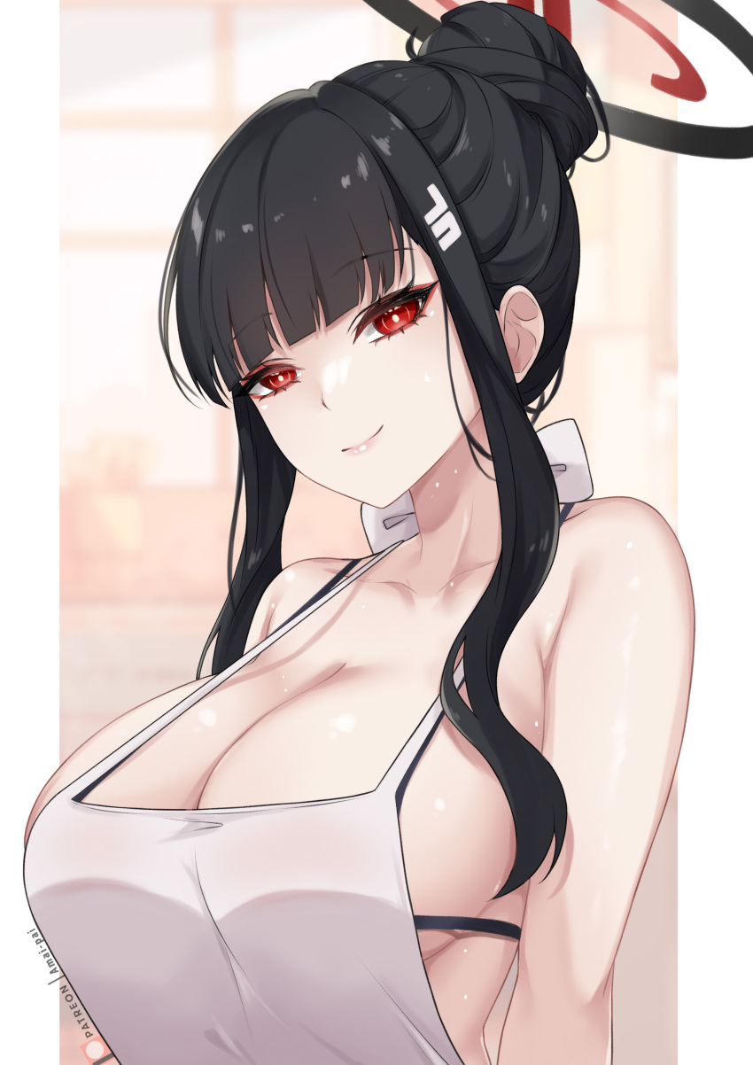 1girl absurdres amai-pai apron armpit_crease barre black_bra black_hair blue_archive blunt_bangs bra breasts cleavage closed_mouth hair_bun hair_ornament halo highres large_breasts long_hair looking_at_viewer nearly_naked_apron pillarboxed red_eyes rio_(blue_archive) sidelocks smile solo strap_gap sweat underwear upper_body white_apron