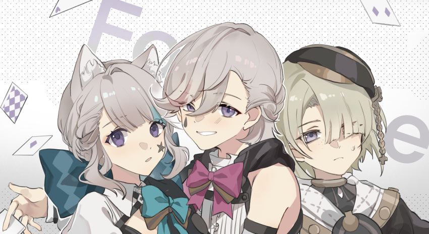 1girl 2boys androgynous animal_ears asymmetrical_bangs beret black_headwear blonde_hair brother_and_sister brothers card cat_ears cat_girl closed_mouth facial_mark freminet_(genshin_impact) genshin_impact grey_hair hair_over_one_eye hat highres long_hair long_sleeves looking_at_viewer lynette_(genshin_impact) lyney_(genshin_impact) multiple_boys playing_card purple_eyes shimianaya short_hair siblings simple_background star_(symbol) star_facial_mark star_tattoo tattoo teardrop_facial_mark teardrop_tattoo white_background