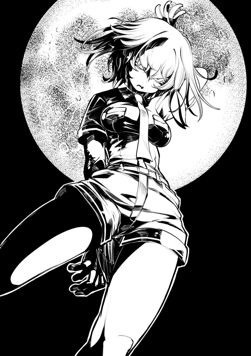 1girl arm_behind_back arm_behind_head arm_up belt bird_tail breast_pocket breasts collared_shirt eyelashes from_below fukushima_masayasu full_moon greyscale hair_between_eyes head_tilt high_contrast highres impossible_clothes impossible_shirt kemono_friends long_hair looking_at_viewer medium_breasts monochrome moon necktie open_mouth outline pocket shirt shirt_tucked_in shoebill_(kemono_friends) short_sleeves shorts side_ponytail solo tail wing_collar