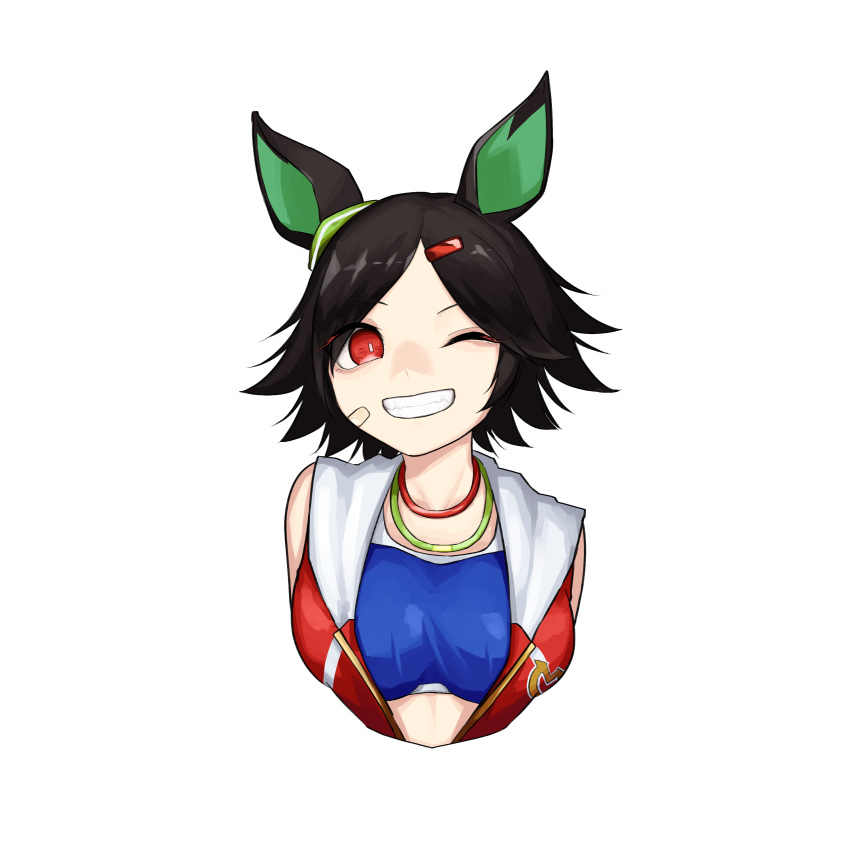 1girl absurdres animal_ears bandaid bandaid_on_face black_hair blue_shirt breasts commentary cropped_torso grin hair_ornament hairclip highres horse_ears jacket looking_at_viewer one_eye_closed red_eyes red_jacket sanada_ina shirt short_hair simple_background sleeveless sleeveless_jacket small_breasts smile solo tank_top umamusume upper_body white_background winning_ticket_(umamusume)