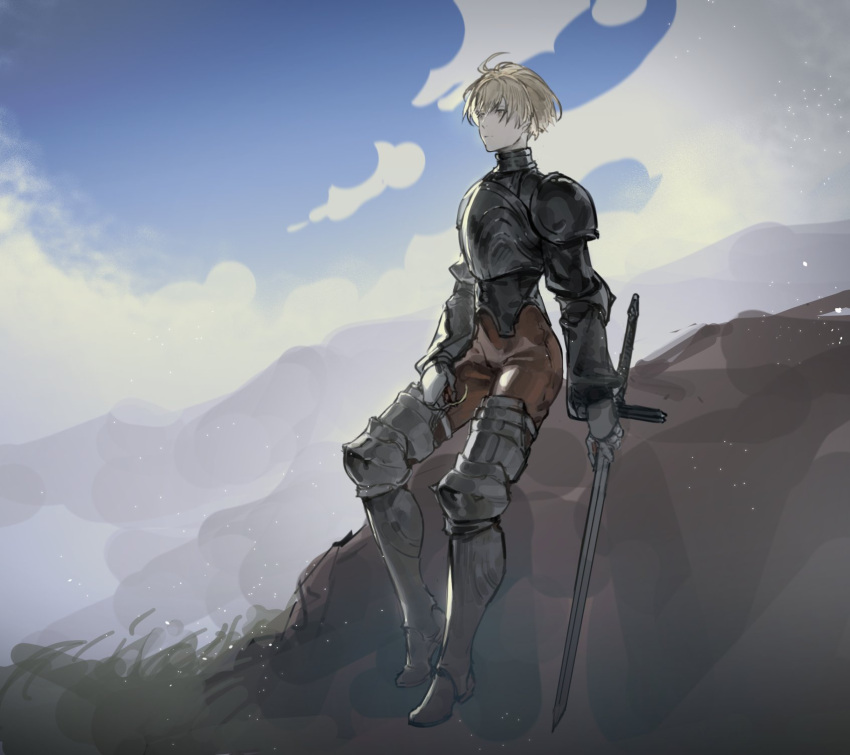 1boy ahoge armor blonde_hair cloud final_fantasy final_fantasy_tactics full_body gauntlets highres holding holding_weapon ramza_beoulve riio shoulder_armor sitting sitting_on_rock sky solo sword weapon