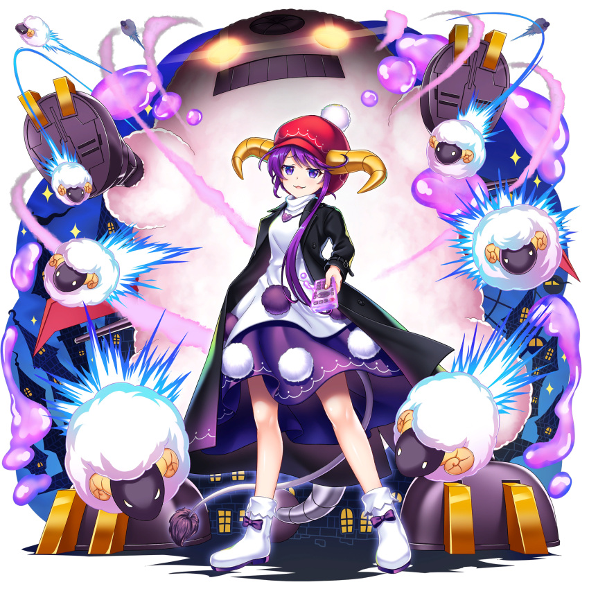 1girl :3 animal asymmetrical_hair black_coat coat doreking doremy_sweet dress full_body hat highres long_sleeves multicolored_clothes multicolored_dress non-web_source official_art open_clothes open_coat open_mouth pom_pom_(clothes) purple_eyes purple_hair red_headwear rotte_(1109) sheep shoes short_hair solo touhou touhou_lost_word transparent_background white_footwear yellow_horns