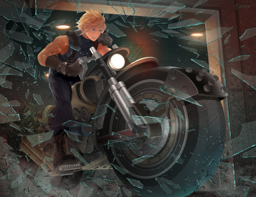 1boy armor blonde_hair blue_eyes blue_pants blue_sweater boots broken_glass broken_window brown_gloves cloud_strife commentary_request final_fantasy final_fantasy_vii full_body glass glass_shards gloves male_focus motor_vehicle motorcycle pants parted_lips riding shillo short_hair shoulder_armor single_bare_shoulder sleeveless sleeveless_turtleneck solo spiked_hair suspenders sweater turtleneck turtleneck_sweater