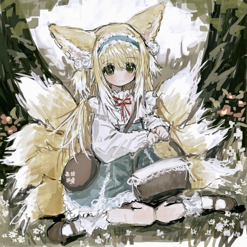 1girl animal_ear_fluff animal_ears aqua_hairband arknights bag basket black_footwear blonde_hair blue_hairband blue_skirt blush brown_bag buttons closed_mouth collar cross-laced_clothes cross-laced_skirt cross-laced_slit flower fox_ears fox_girl fox_tail frilled_collar frilled_hairband frilled_skirt frills full_body grass green_eyes hair_between_eyes hair_ornament hairband hands_up high-waist_skirt highres holding holding_basket kitsune knees_together_feet_apart kyuubi long_hair long_sleeves mary_janes multicolored_hair multiple_tails neck_ribbon official_alternate_costume on_grass outdoors puffy_long_sleeves puffy_sleeves red_ribbon ribbon shoes shoulder_bag sidelocks sitting skirt sleeve_cuffs sleeves_past_wrists smile socks solo suzuran_(arknights) suzuran_(spring_praise)_(arknights) tail tareme trtrttrrrrrr two-tone_hair wariza white_hair white_socks