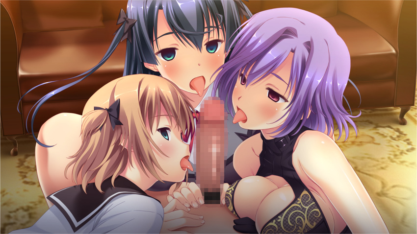 1boy 3girls black_bow black_hair black_sailor_collar blue_eyes bow breasts brown_hair cleavage cleavage_cutout clothing_cutout collared_shirt cooperative_fellatio fellatio floating_hair game_cg gouji_sakura green_eyes hair_bow hatsujou_switch indoors kirihara_megumu kirihara_saki large_breasts long_hair male_pubic_hair medium_hair multiple_girls neck_ribbon open_mouth oral penis pubic_hair purple_hair red_eyes red_ribbon ribbon sailor_collar sailor_shirt shiny_skin shirt siblings sideboob sisters tamahiyo tongue tongue_out very_long_hair white_shirt