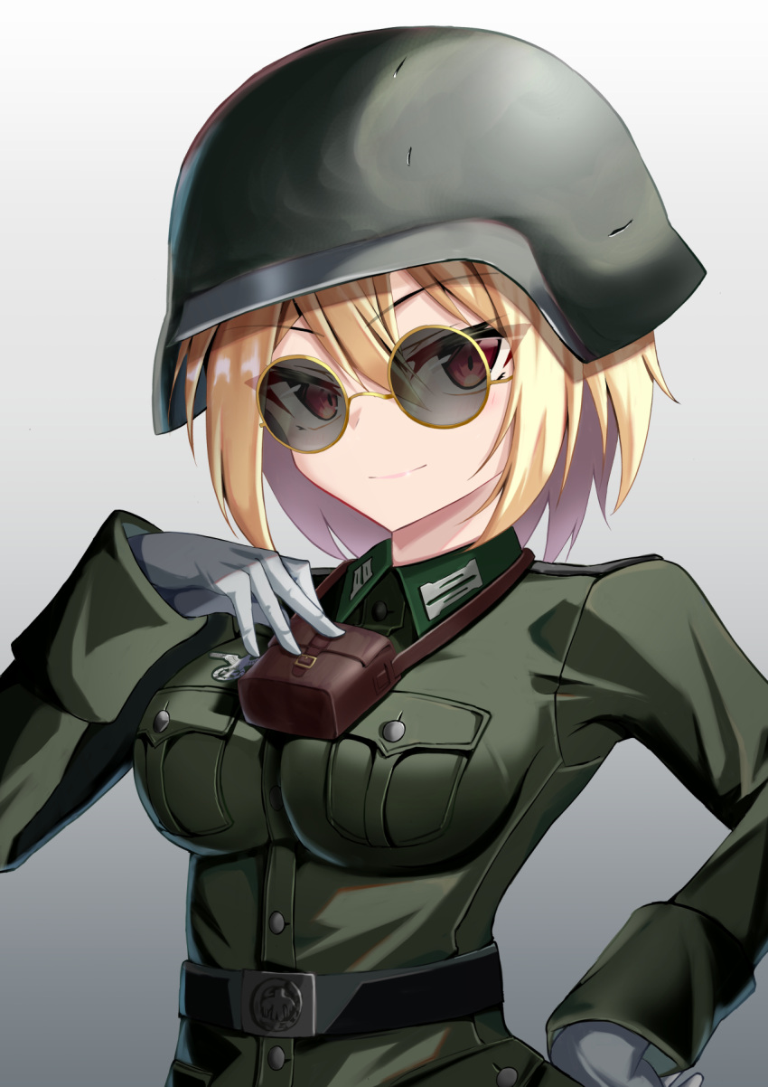 1girl belt blonde_hair breasts combat_helmet commission gloves gradient_background grey_background hand_on_own_chest hand_on_own_hip helmet highres jiseki_rena looking_at_viewer medium_breasts military_uniform original pixiv_commission red_eyes reichsadler round_eyewear smile solo stahlhelm sunglasses tsurime uniform white_gloves