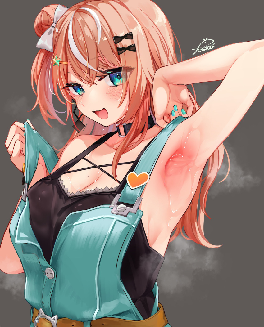 1girl absurdres aqua_nails aqua_overalls armpits black_choker blue_eyes choker festa11307070 highres igarashi_rika long_hair multicolored_hair nijisanji orange_hair solo streaked_hair virtual_youtuber white_hair