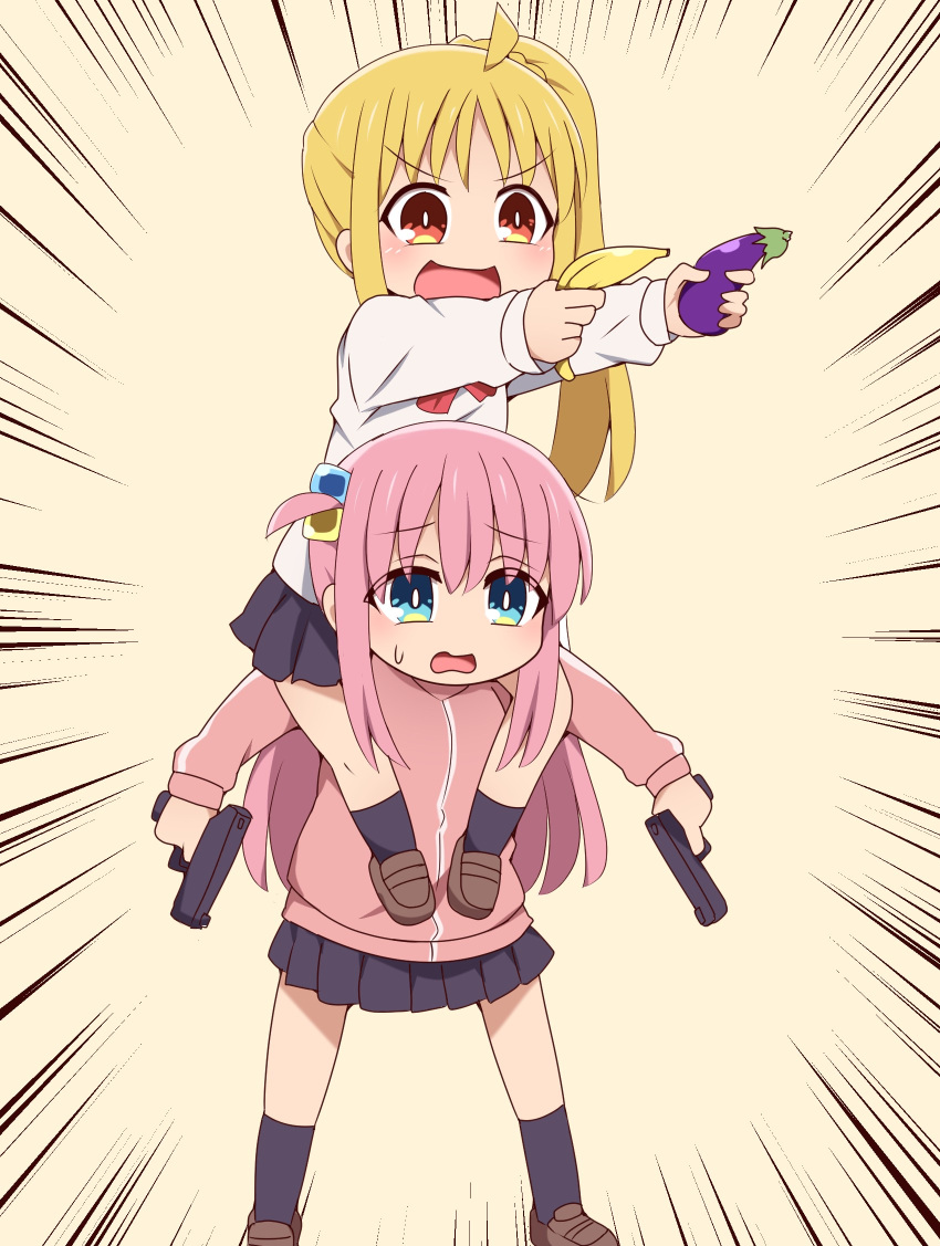 2girls :d ahoge aiming banana black_skirt black_socks blonde_hair blue_eyes bocchi_the_rock! bow bowtie carrying collared_shirt commentary_request cube_hair_ornament detached_ahoge dual_wielding eggplant food fruit gotoh_hitori gun hair_between_eyes hair_ornament handgun highres holding holding_food holding_fruit holding_gun holding_vegetable holding_weapon ijichi_nijika jacket kill_me_baby kneehighs long_hair long_sleeves looking_at_viewer multiple_girls one_side_up orange_eyes parody pink_hair pink_jacket pleated_skirt red_bow red_bowtie school_uniform shirt shoes shoulder_carry side_ponytail sidelocks simple_background skirt smile socks suwaneko track_jacket turtleneck turtleneck_jacket vegetable weapon white_shirt