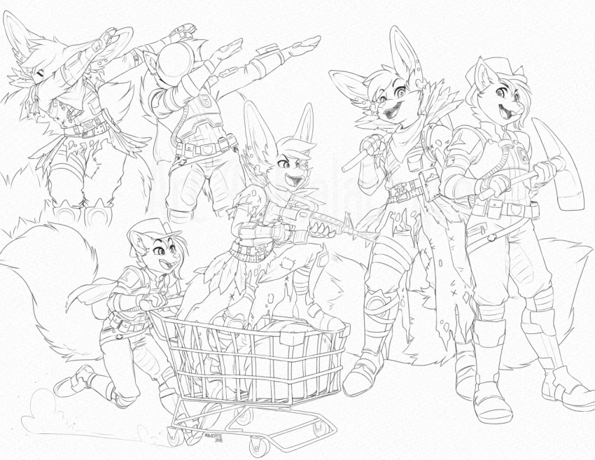 2018 anthro big_ears big_tail biped black_and_white boots buckteeth canid canine clothed clothing dabbing duo ear_piercing epic_games eyebrows eyes_closed fennec fingerless_gloves flare_dark fluffy fluffy_tail footwear fortnite fox gloves gun handwear hat headgear headwear holding_gun holding_object holding_pickaxe holding_weapon inner_ear_fluff looking_at_another looking_at_viewer malachyte male mammal meme monochrome multiple_images neckerchief open_mouth open_smile piercing ranged_weapon rodent running sciurid shopping_cart simple_background sketch smile standing tail teeth tongue top_hat tree_squirrel tuft weapon white_background
