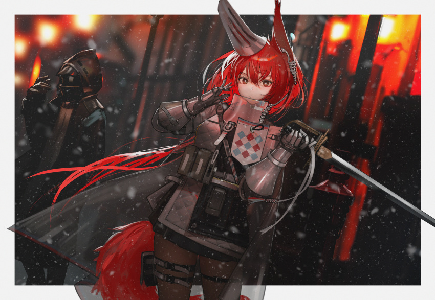 1girl 1other absurdres animal_ears arknights armor black_pantyhose border brown_eyes cowboy_shot doctor_(arknights) ear_covers earpiece flametail_(arknights) ganet_p gauntlets hair_between_eyes hands_up highres holding holding_sword holding_weapon long_hair looking_at_viewer outside_border pantyhose red_hair single_ear_cover smile solo_focus squirrel_ears squirrel_girl squirrel_tail sword tail thigh_pouch thigh_strap very_long_hair weapon white_background white_border