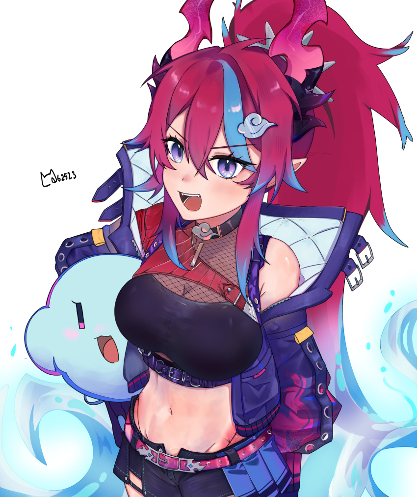 1girl absurdres angry asymmetrical_clothes bandeau belt black_bandeau black_shorts blue_hair blue_skirt breasts brown_collar cleavage collar crop_top dragon_girl dragon_horns dragon_tail fishnets gradient_hair hair_between_eyes hairband highleg highleg_panties highres horns idol_corp jacket kai_saikota kirby large_breasts long_hair looking_at_viewer midriff mouchi_(momouchie) multicolored_hair navel open_clothes open_mouth open_shorts panties pleated_skirt pointy_ears ponytail purple_belt purple_eyes purple_jacket purple_vest red_belt red_hair red_horns red_tail short_shorts shorts single_bare_shoulder skirt spiked_hairband spikes stomach streaked_hair string_panties suspenders tail underbust underwear very_long_hair vest white_background