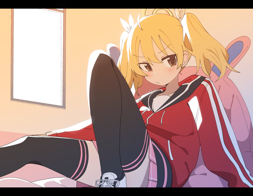 1girl absurdres ahoge animal_pillow black_thighhighs blonde_hair blue_archive blush brown_eyes hair_ribbon halo highres hood hood_down hooded_jacket indoors jacket knee_up letterboxed long_hair luke_(dydansgur) miniskirt pink_skirt red_jacket ribbon shoes sitting skirt sneakers solo thighhighs track_jacket twintails window yoshimi_(blue_archive)