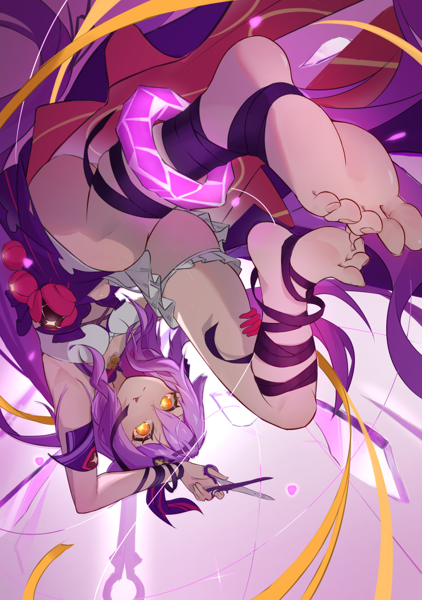 1girl absurdres anklet bandaged_leg bandages barefoot dress feet from_below full_body hand_on_own_thigh highres honkai_(series) honkai_impact_3rd jewelry long_hair magical_girl purple_dress purple_hair scissors shards sirin sirin_(miracle_magical_girl) siyue skirt solo tongue tongue_out white_skirt yellow_eyes