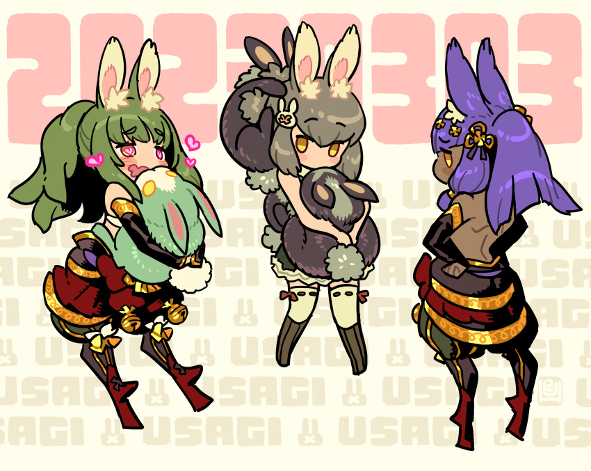 3girls :d ;d animal_ear_fluff animal_ears animal_hug animal_on_head backless_outfit blush commentary dark-skinned_female dark_skin dated detached_sleeves geta green_hair heart heart-shaped_pupils highres himukai_yuuji masurao_(sekaiju) masurao_2_(sekaiju) masurao_4_(sekaiju) monster multiple_girls on_head one_eye_closed purple_hair rabbit rabbit_day rabbit_ears rabbit_girl romaji_text sekaiju_no_meikyuu sekaiju_no_meikyuu_5 smile standing symbol-only_commentary symbol-shaped_pupils tengu-geta therian_(sekaiju) therian_2_(sekaiju) wavy_mouth yellow_eyes