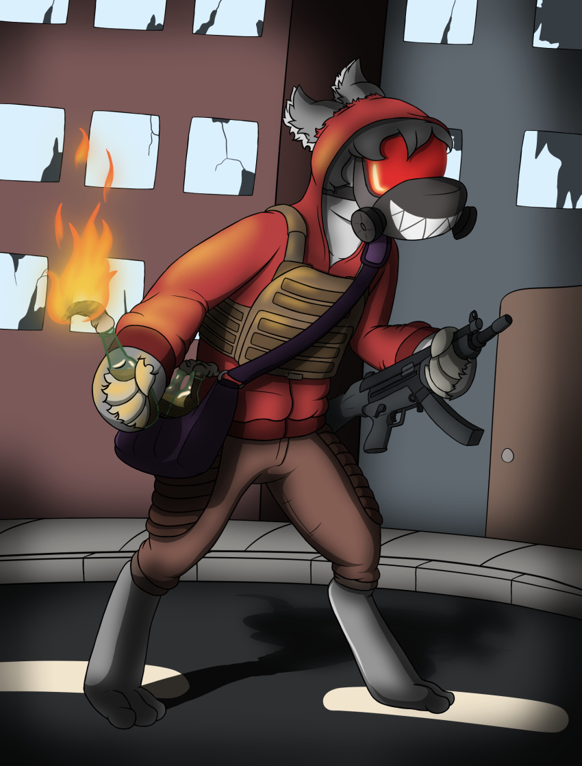 anthro city clothing fire gas_mask gun hi_res hoodie male mask mikey6193 mikey_(mikey6193) molotov_cocktail mp5 plate_carrier ranged_weapon solo topwear weapon