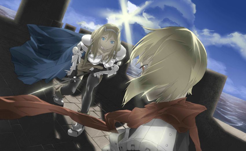 1boy 1girl absurdres armor armored_boots assassin_cross_(ragnarok_online) black_gloves black_thighhighs blonde_hair blue_cape blue_eyes blue_sky boobplate boots breasts breasts_apart brown_skirt cape closed_mouth cloud commentary_request dutch_angle elbow_gloves fake_horns fuhak full_body gauntlets gloves hairband highres holding holding_sword holding_weapon horns long_hair looking_at_another medium_breasts outdoors paladin_(ragnarok_online) pauldrons ragnarok_online red_eyes red_scarf scarf short_hair shoulder_armor skirt sky spiked_gauntlets sun sword thighhighs tile_floor tiles upper_body weapon white_hairband white_horns