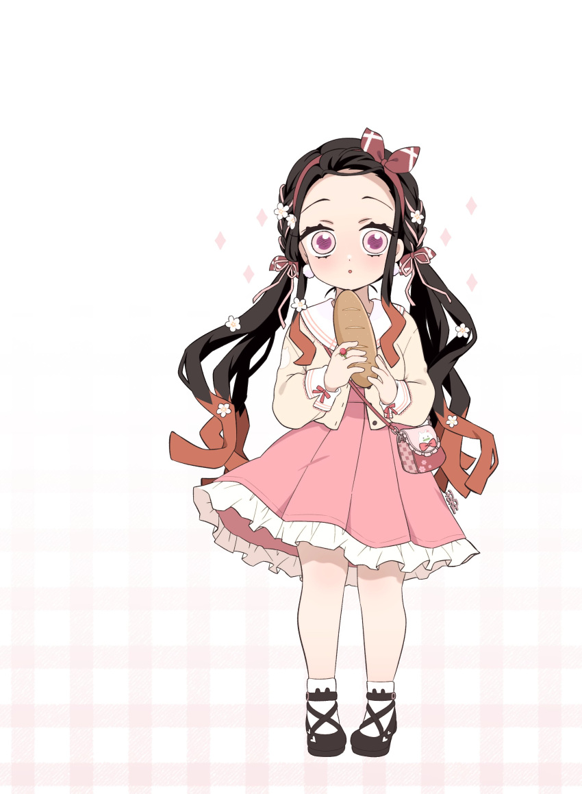 1girl absurdres bag black_hair braid bread dress food hair_ribbon highres holding holding_food jacket kamado_nezuko kimetsu_no_yaiba long_hair pink_eyes pink_ribbon pink_skirt pori_(kmt_pori) ribbon shoes shoulder_bag skirt solo white_background