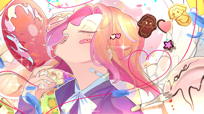 1girl absurdres ai_kotoba_iv_(vocaloid) bandaid bandaid_on_face bandaid_on_neck blush closed_eyes commentary cookie english_commentary fishyrei food fork from_side hair_ornament hairclip highres milgram portrait shiina_mahiru_(milgram) short_hair solo string string_of_fate vocaloid