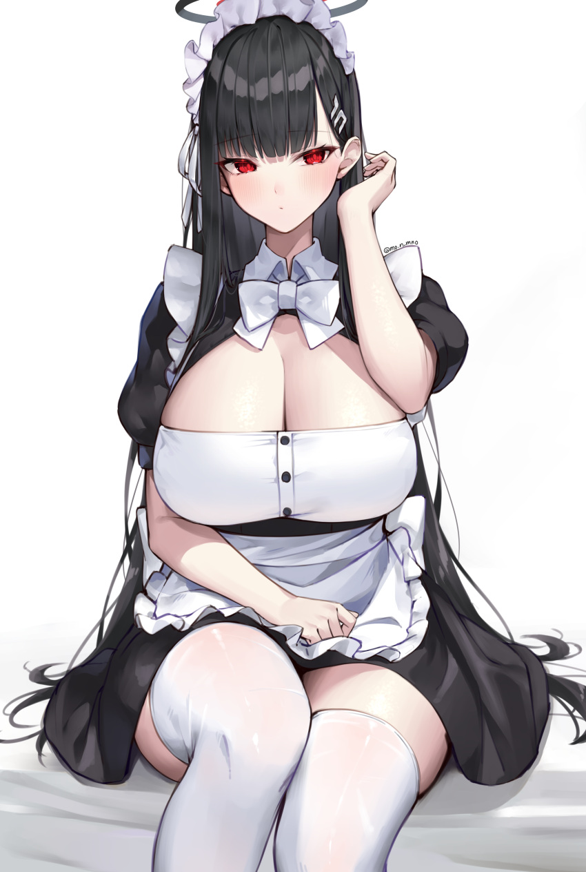 1girl absurdres apron black_dress black_hair blue_archive blunt_bangs blush bow breasts dress frilled_apron frills hair_ornament hairclip halo highres huge_breasts long_hair looking_at_viewer maid maid_apron maid_headdress mono_(mo_n_mno) puffy_short_sleeves puffy_sleeves red_eyes rio_(blue_archive) short_sleeves sitting solo thighhighs very_long_hair waist_apron